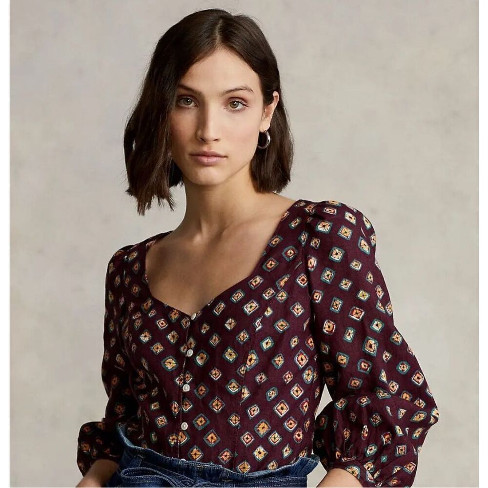 RALPH LAUREN Block-Print Linen Button-Front Top - Burgundy Diamond Print NWT Siz